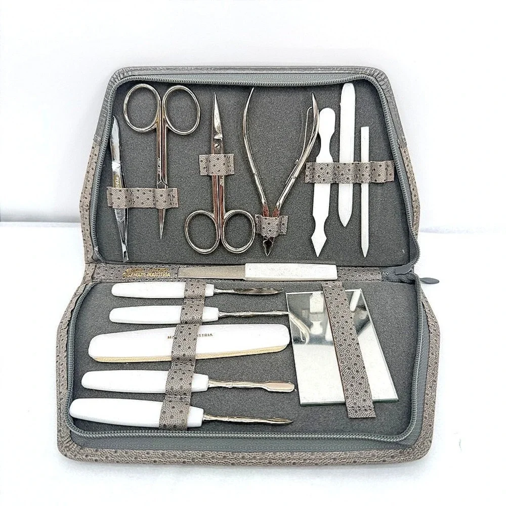 Johnson Stamping Manicure Set VTG Ostrich Embossed Grey Travel Kit Italy‎ Made